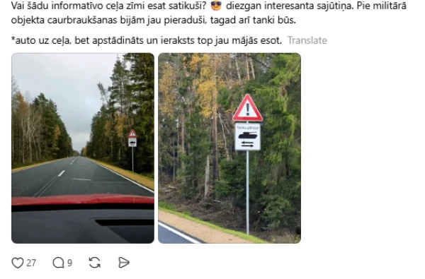 Road signs for tank crossings appear on Daudzeva–Sunakste road
