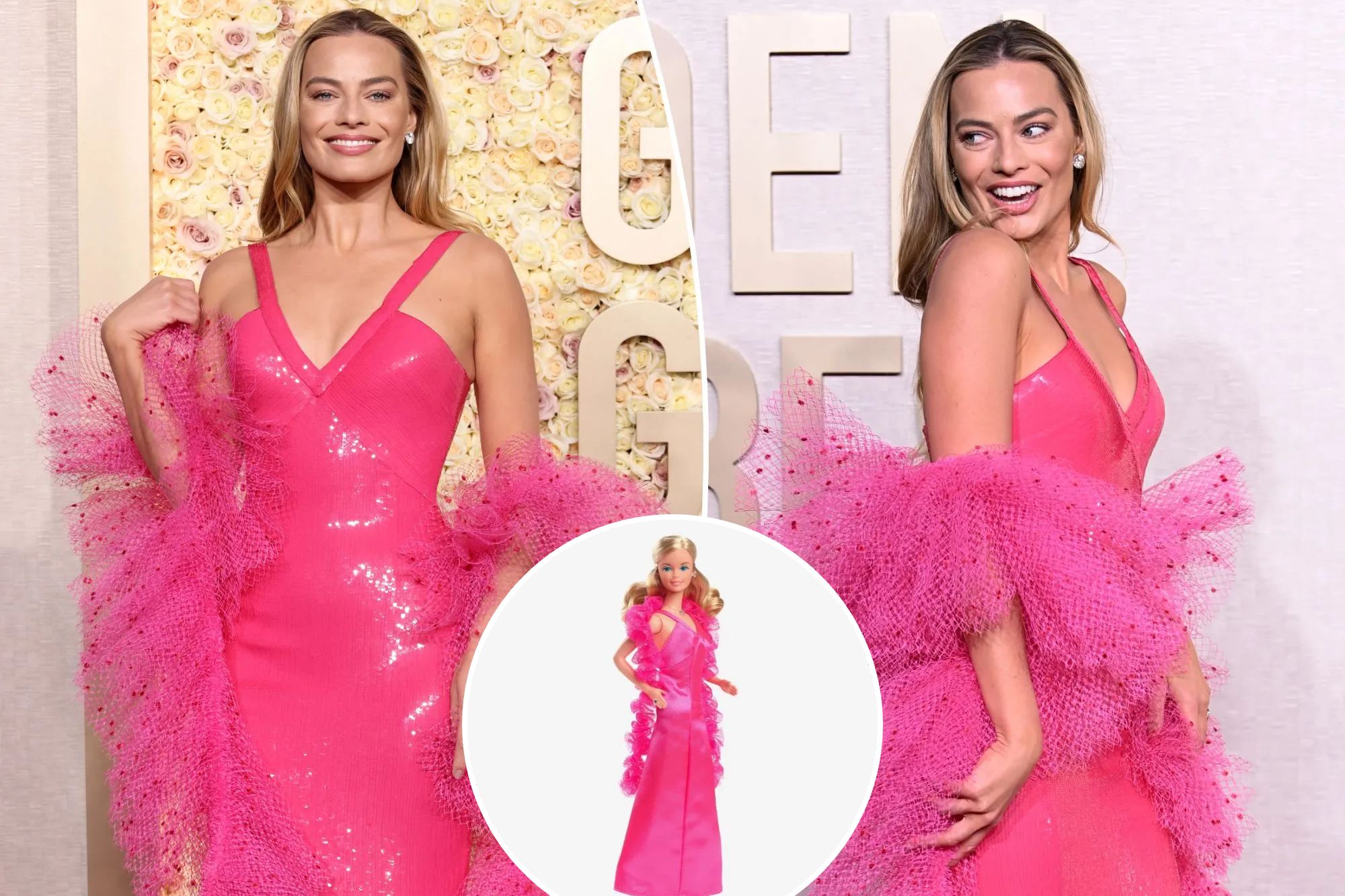 Which Barbie is Margot Robbie dressed as at the 2024 Golden Globes?